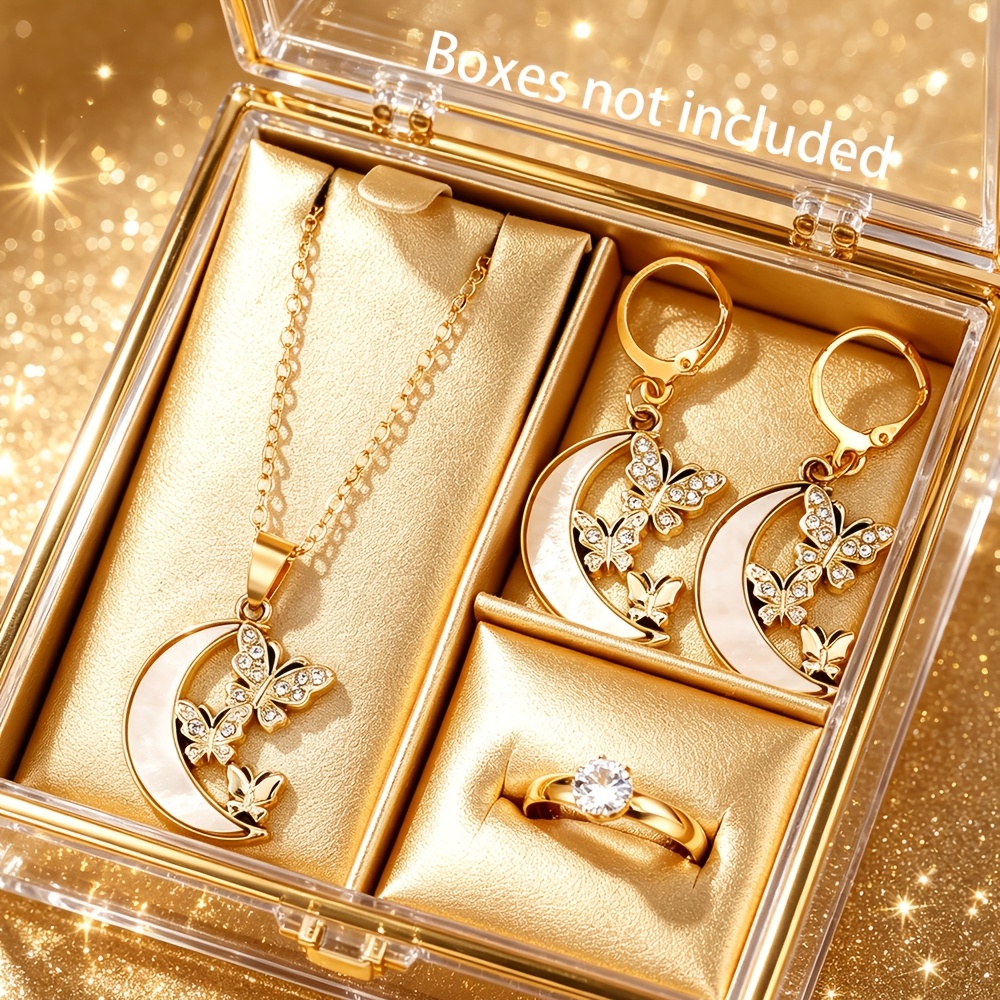 TEMU 4pcs Bohemian Moon & For - 4pcs Moon Phase Necklace, Earrings & Ring Suitable For Daily Wear, Parties, Ramadan Gifts, Back-to-school,