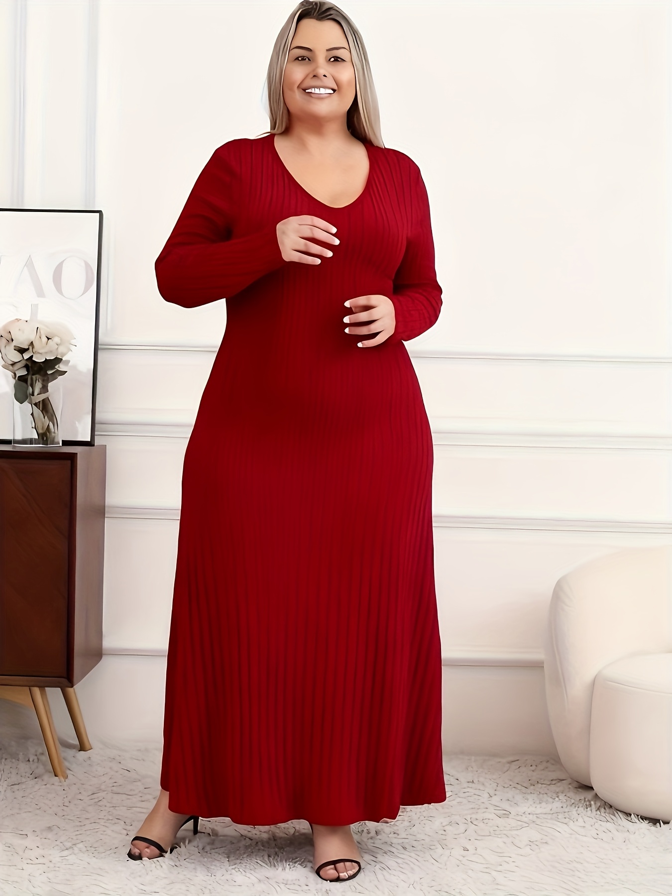 plus size solid ribbed longline dress elegant long sleeve Temu