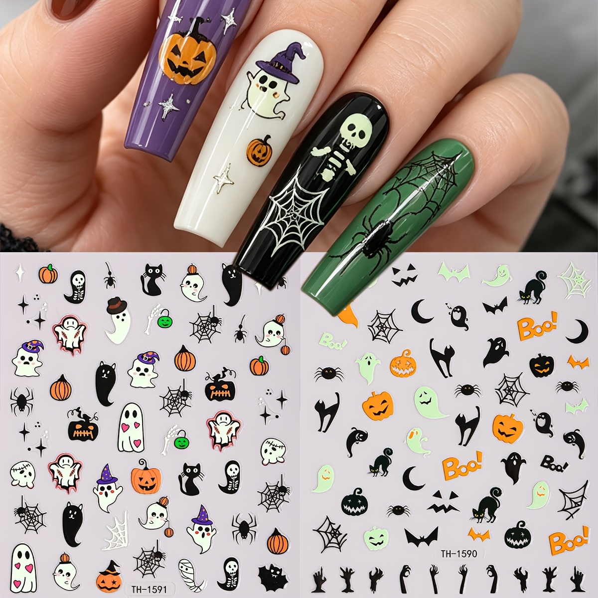 TEMU 2 pezzi Adesivi luminosi per nail art di Halloween, Zucca Ragno Pipistrello Decalcomanie autoadesive per unghie, per donne feste di Halloween e