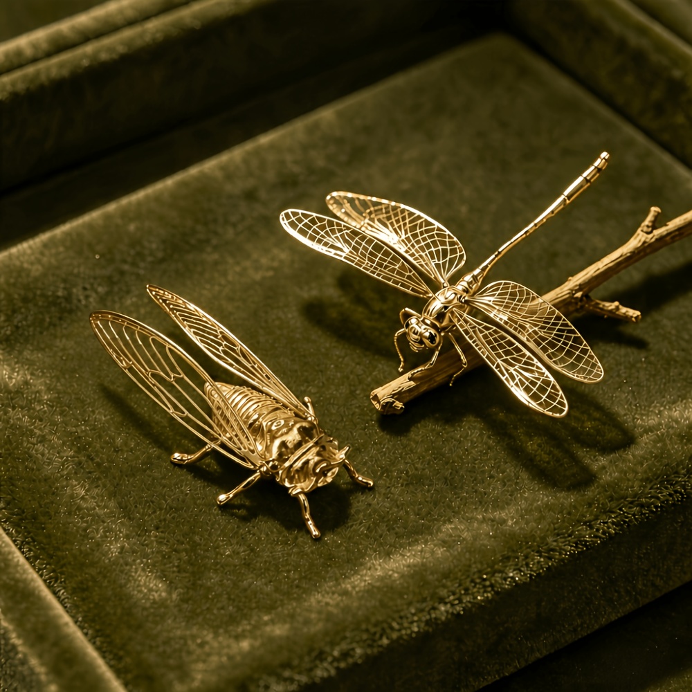 TEMU 2pcs Exquisitely Carved Golden Insect Ornaments, Dragonfly And Cicada Statues - 3d Wings - Light Room Desktop Decor, Holiday Gift, A For Family,