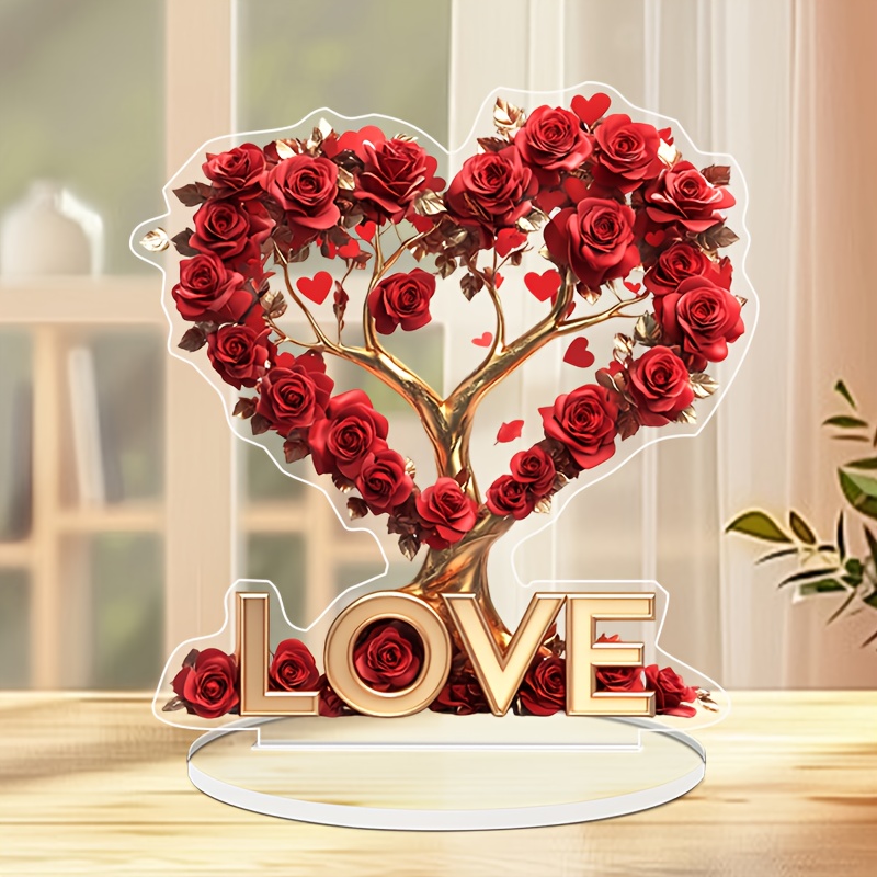 

1pc Romantic Acrylic Heart-shaped Decor, 2d Sun-captured , Contemporary Tabletop Floral Theme, Multipurpose For Bedroom, Office, Dining Room, Bathroom, Kitchen - Ideal Valentine's Day Gift