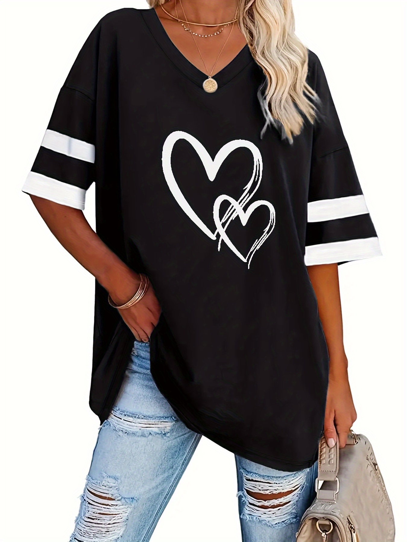 Women's Casual V-Neck Short Sleeve T-Shirt - Royal Blue with White Heart Print, Breathable Fabric, Machine Washable for Spring Summer Fall, Seasonal Fashion, Striped Detailing, Relaxed Fit Shirt