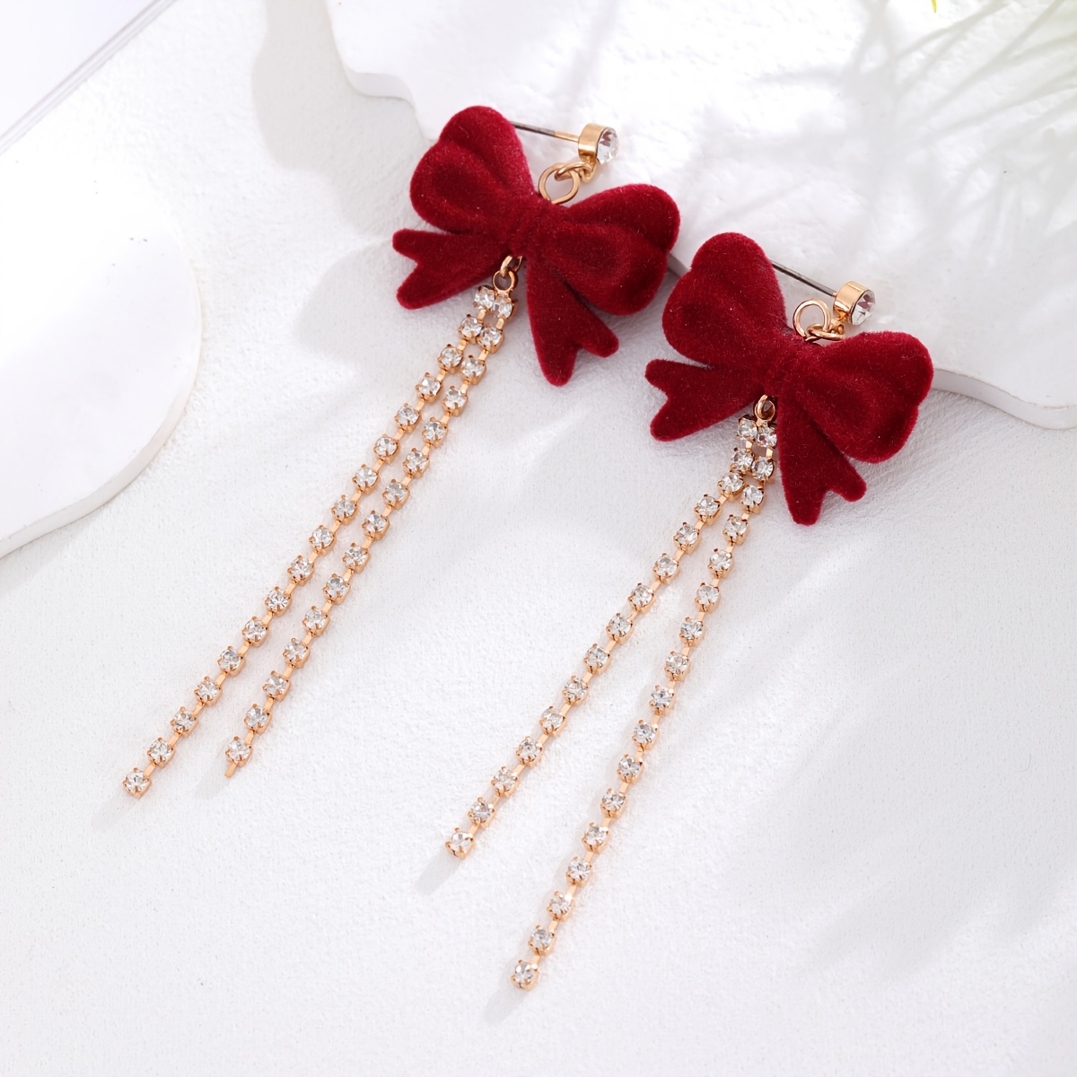 TEMU 1 Pair Of Red Velvet Bow Earrings, Long Tassel Bow Stud Earrings For Women, Elegant And