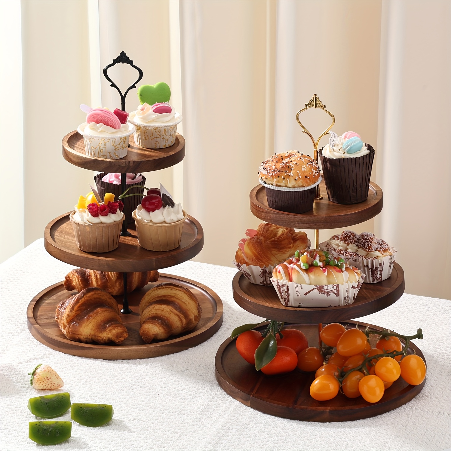 Desserttablett aus Akazienholz, Wald-Serie, doppellagiges dreilagiges Kuchen-Tablett, Holz-Desktop-Dekoration, Kuchen-Snack-Tablett