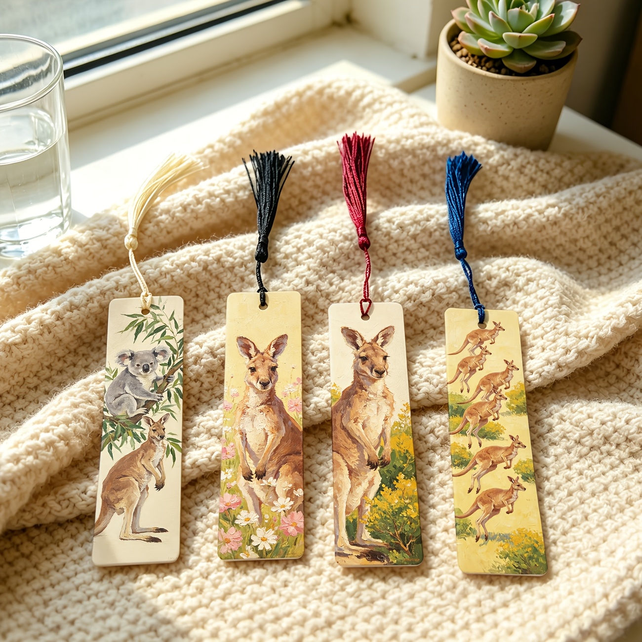 TEMU 4pcs, Australian Animals, Koala, Kangaroo, Flower Bush, Watercolor Pattern 1.5in*5.9in 2d Printed Pu Leather Bookmarks With Tassels, Daily