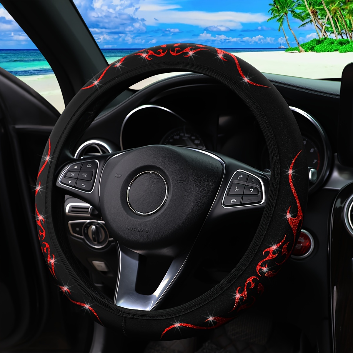TEMU 1 Flash Flame Totem Dynamic Fabric Steering Wheel Cover With No , Suitable For -15 Inch Car Accessories