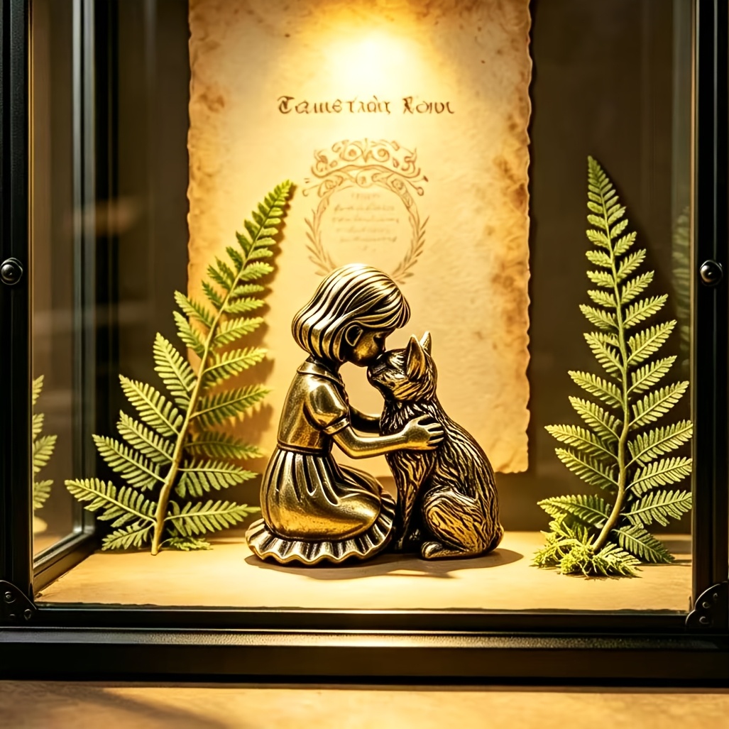 TEMU Collectible Statue Brass Vintage Distressed Hollow Girl And Cat Interaction Mini Sculpture Ornament Suitable For Home Desk Bookshelf Bedroom