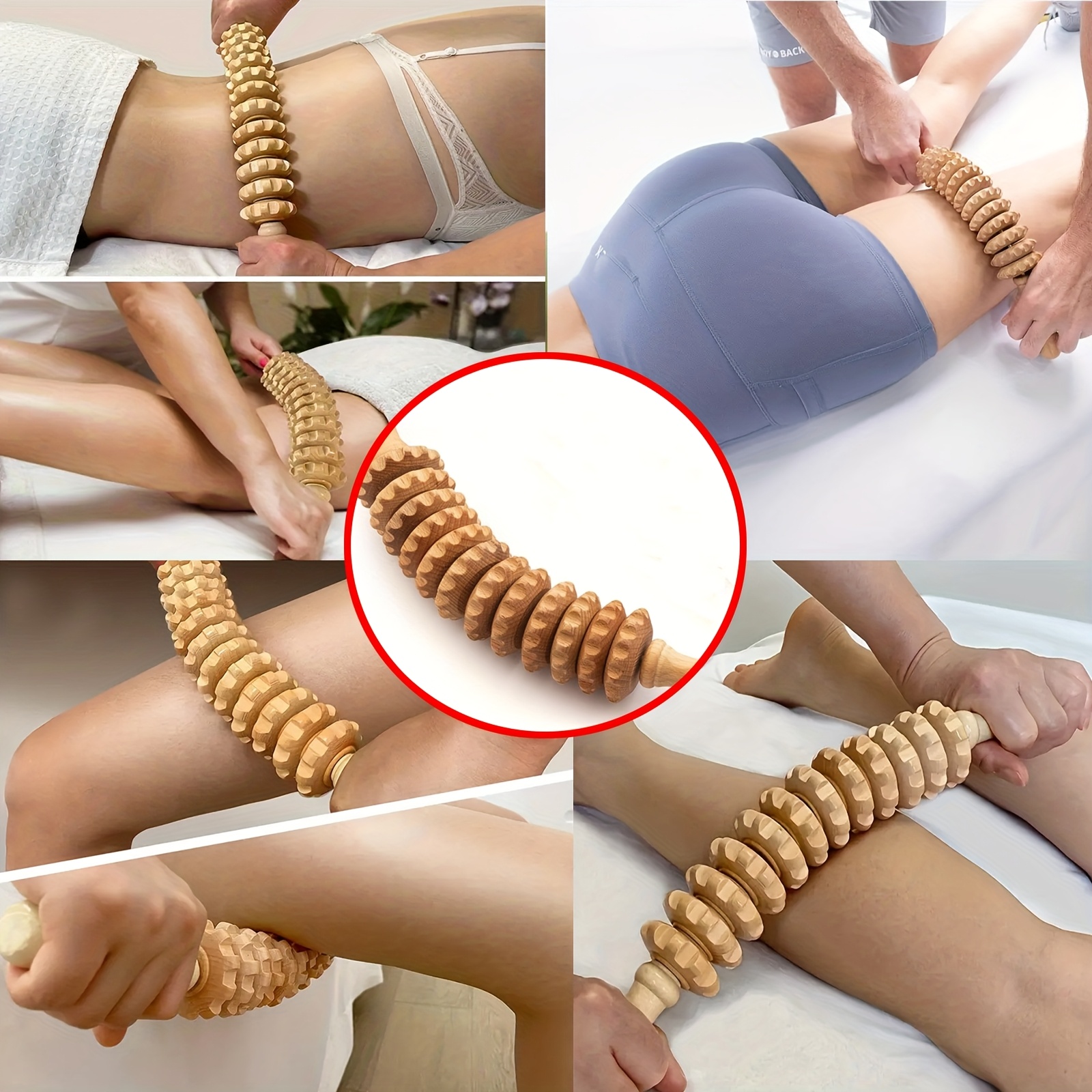 Natural Wood Massage Roller Stick - Deep Tissue Massage Tool with Non-Toxic Surface, Ergonomic Grip for Trigger Point, Fascia Release, Muscle - Ideal for Home, Gym, Spa, Physical - Promotes Blood Circulation & Relaxation, Massage Supplies, Curved Handle, Natural Material