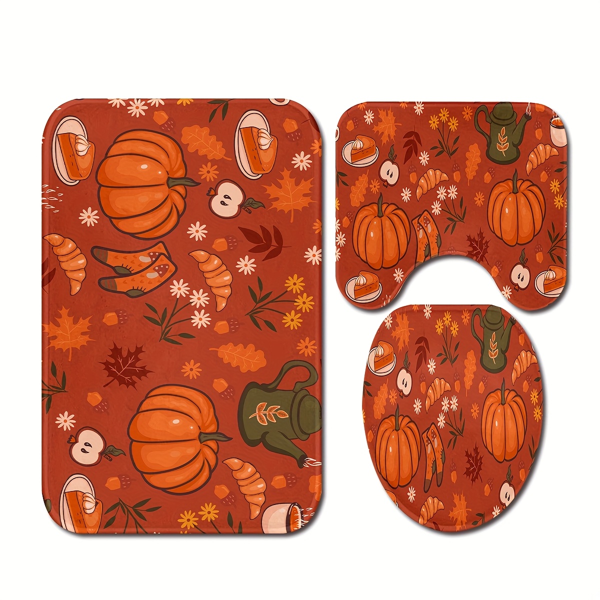 TEMU 3pcs Autumn Thanksgiving Decor Gifts Pumpkin Pattern Bathroom Mats Set Includes Non-slip Floor Mat, Toilet Seat Cover, Bathroom Mat, Bathroom