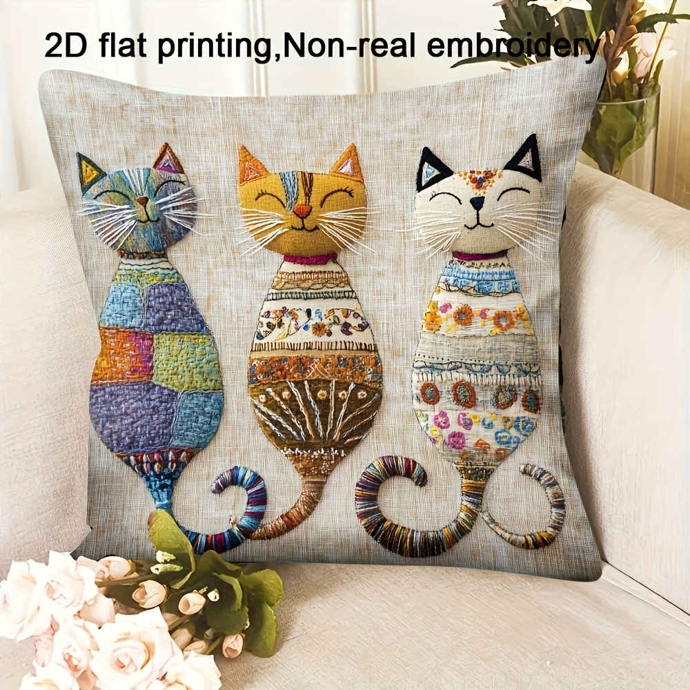 TEMU 2d Flat - 1pc, Multicolor Cat Print Decorative Pillowcase, 2d Printed, Pillow Insert Not Included, Zipper Closure, Vibrant Geometric Pattern