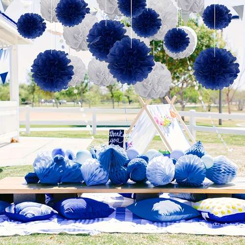 BLUE Gold Party Decorations, Hanging Glitter Paper Triangle Flag Pennant Banner For Royal Navy Decor Graduation Carnival Bachelorette Engagement...