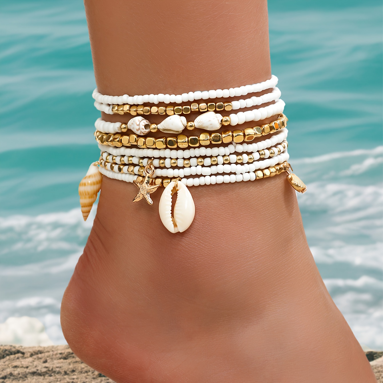 

Bohemian Style 8-piece Anklet Set, Handmade Beaded Sea Shell Starfish Pendants Vacation Beach Foot Jewelry