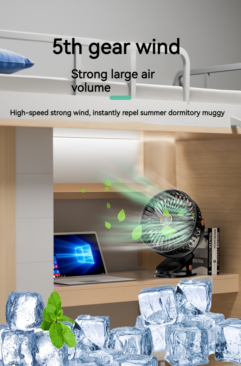 portable led display mini desk fan with clip on usb charging night light function quiet high speed motor large battery for office fishing camping travel details 4