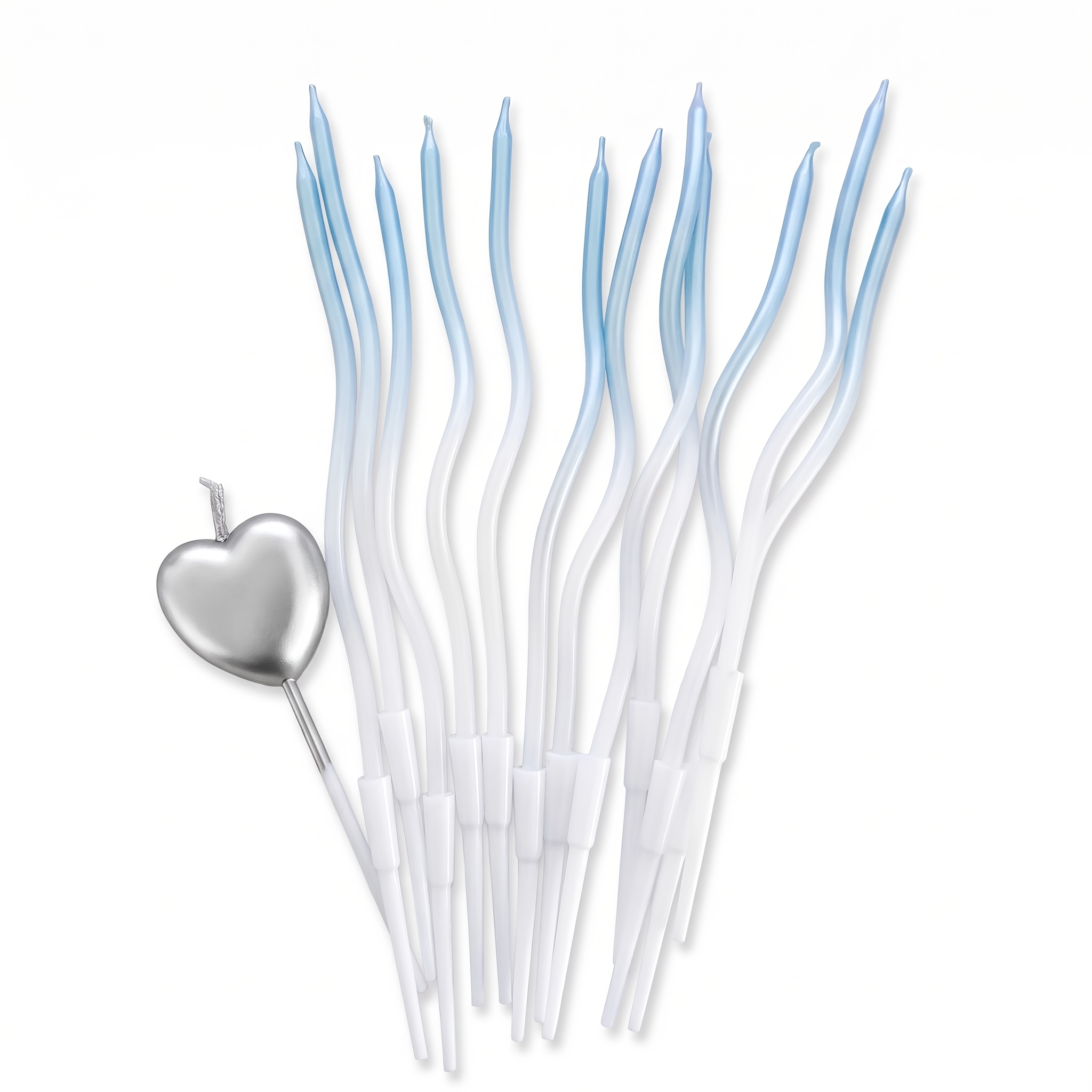 TEMU 13pcs Blue White Gradient Twisted Birthday Candle Set, With Silvery Heart-shaped Candles, Creative Curved Long Decoration Candles, Dessert Table
