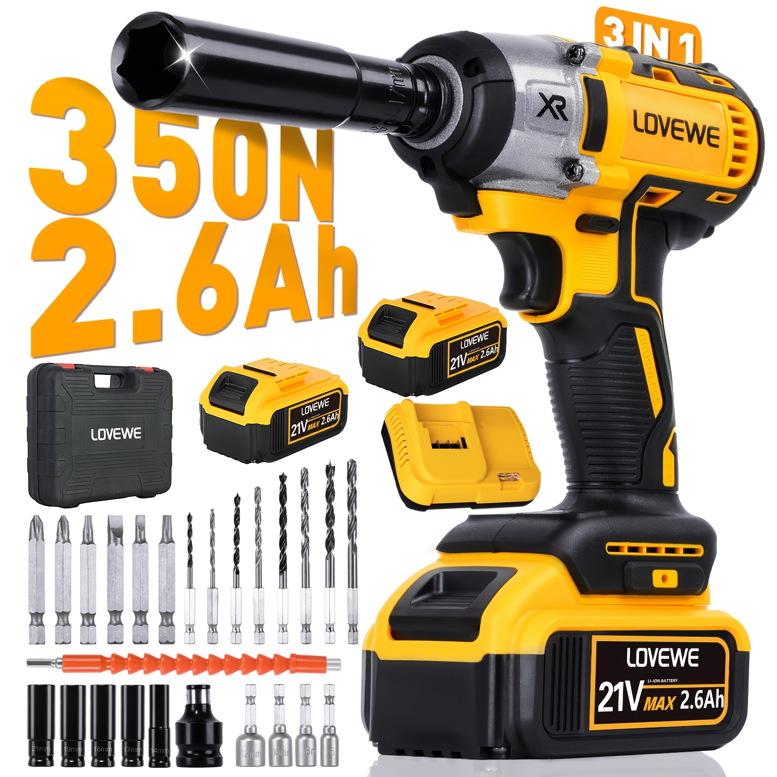 

Lovewe Impact Wrench Cordless, 21v 1/2 Inch 2600rpm Brushless Power Impact Driver, Torque 258 Ft-lbs 350n.m, With 2x2.6ah Battery, Charger, 6 Sockets And Full Accessory, Electric Impact For