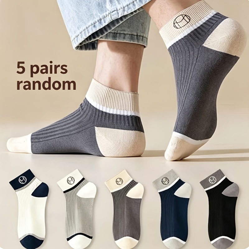 TEMU Random 5-pair Men's And Women's Color-block Vintage Striped Ankle Socks, Breathable Athletic Casual Socks, Commuter Socks For Men