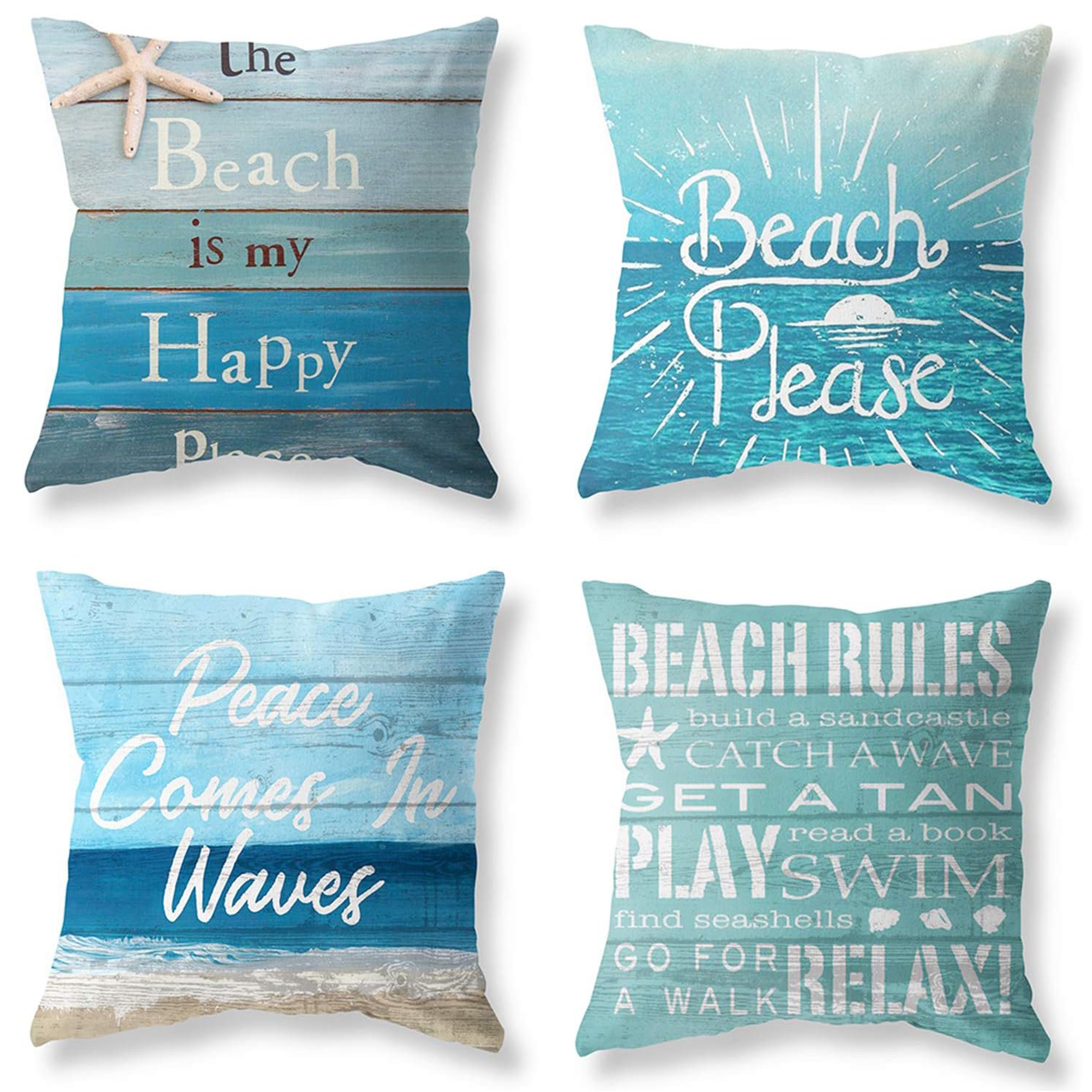 Image of 4pcs, Set Of 4 Summer Coastal Beach Throw Pillow Covers 16x16, 18x18, 20x20 Inch Teal Green Turquoise Pillow Covers Couch Decorative Outdoor Square Linen Pillow Cushion Cases For Living Room Sofa Bed