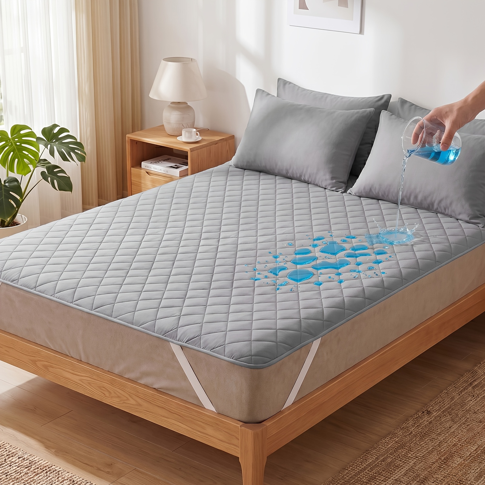 Image of 1pc Premium Waterproof Mattress Pad, Ultra Soft Quilted Bed Protector With Elastic Corner Straps, Breathable & Comfortable Bedding For Bedroom, & Dorm