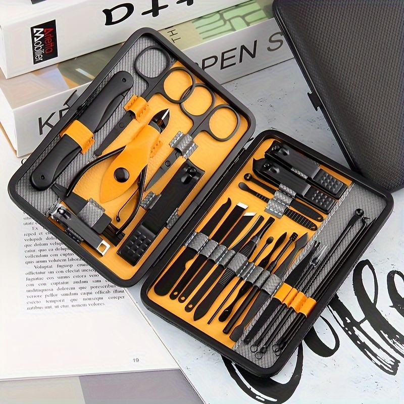 

Black And Yellow Grooming Kit, Professional Manicure And Pedicure Set, Portable Travel Case With Nail Clippers, Scissors, Tweezers, Ear Pick Tools & More, Personal Care Accessories