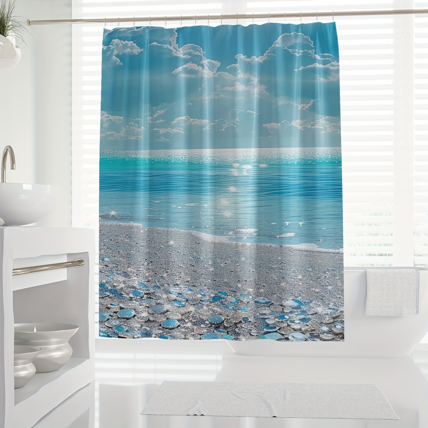 

1pc Modern Digital Print Shower Curtain - Blue Ocean Tranquil Scenery, Water-resistant Polyester With Knit Weave, Machine Washable With Hooks Included - Arts Theme For All Seasons.