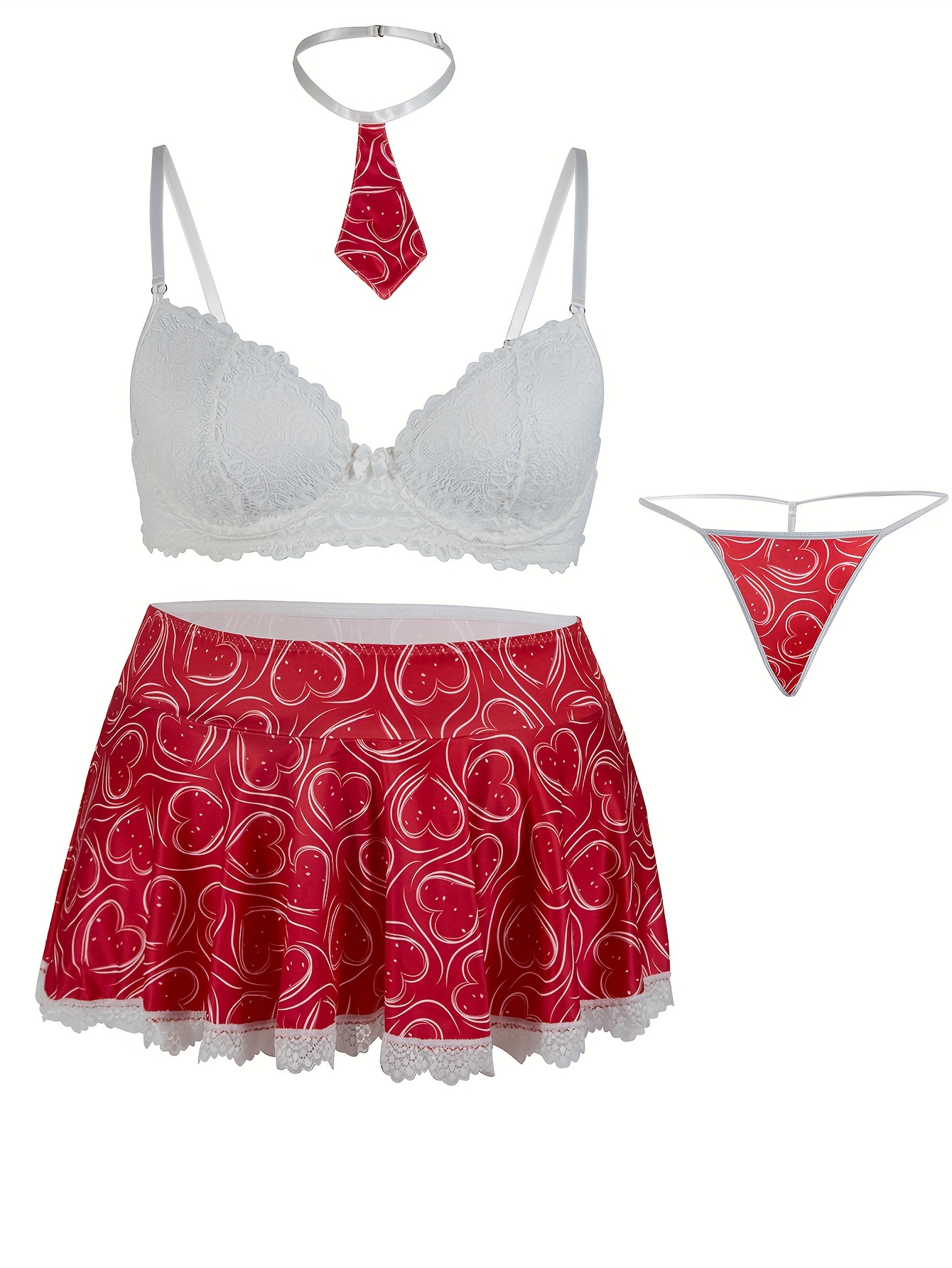 Women's Sexy Party Lingerie Set, Plus Size Fuzzy Trim Sheer Mesh Bra &  Skirt With Free Panty Valentine's day Costume 3 Piece Set