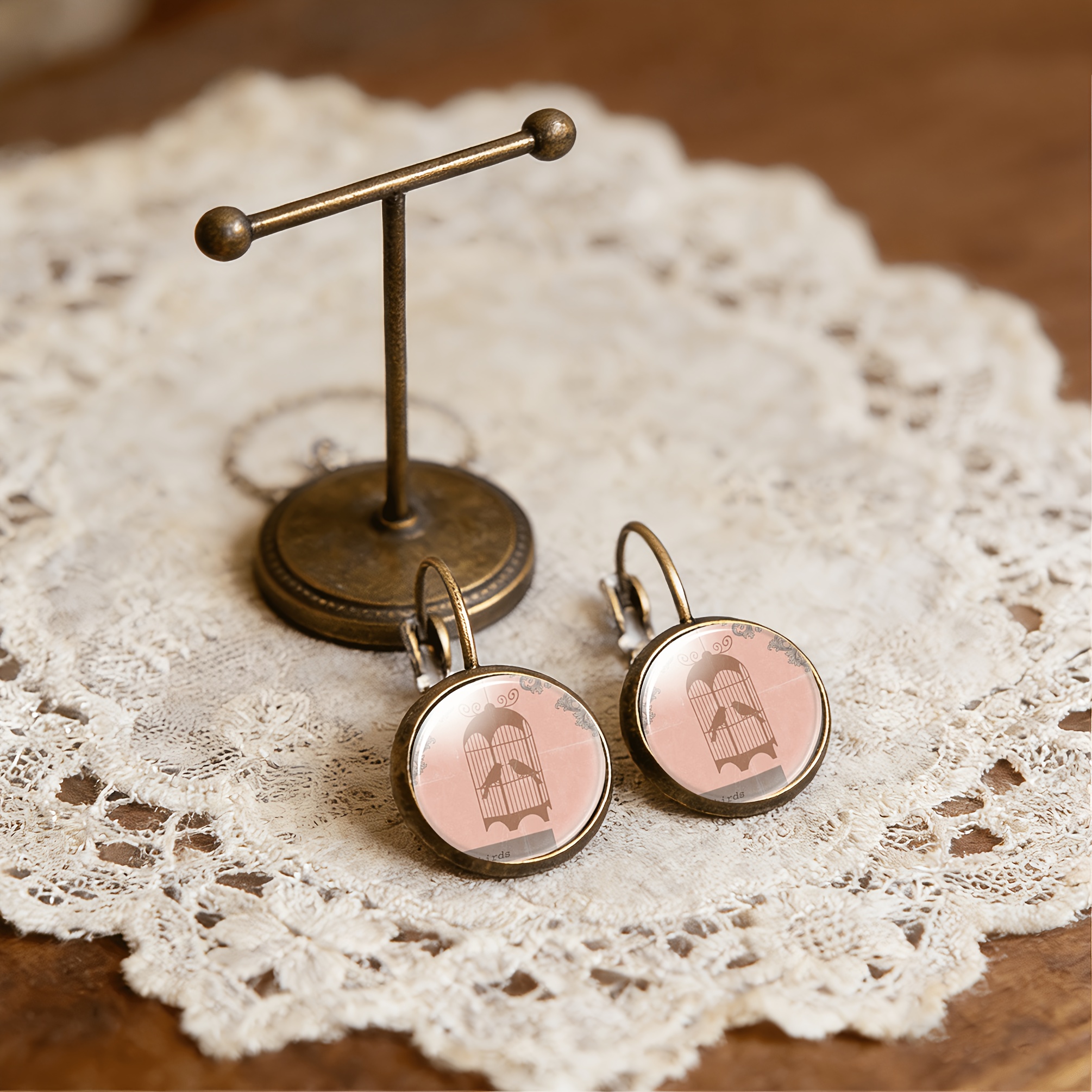 2pcs Cyan Round Classical Earrings with Twin Birds in Cage Design
