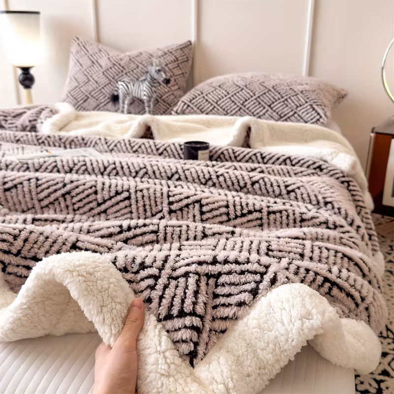 1pc of luxurious jacquard velvet blanket double layer thick insulation soft comfortable beige friendly suitable for autumn and winter suitable for bedroom living room sofa use machine washable pillowcase not included cozy Product details 5