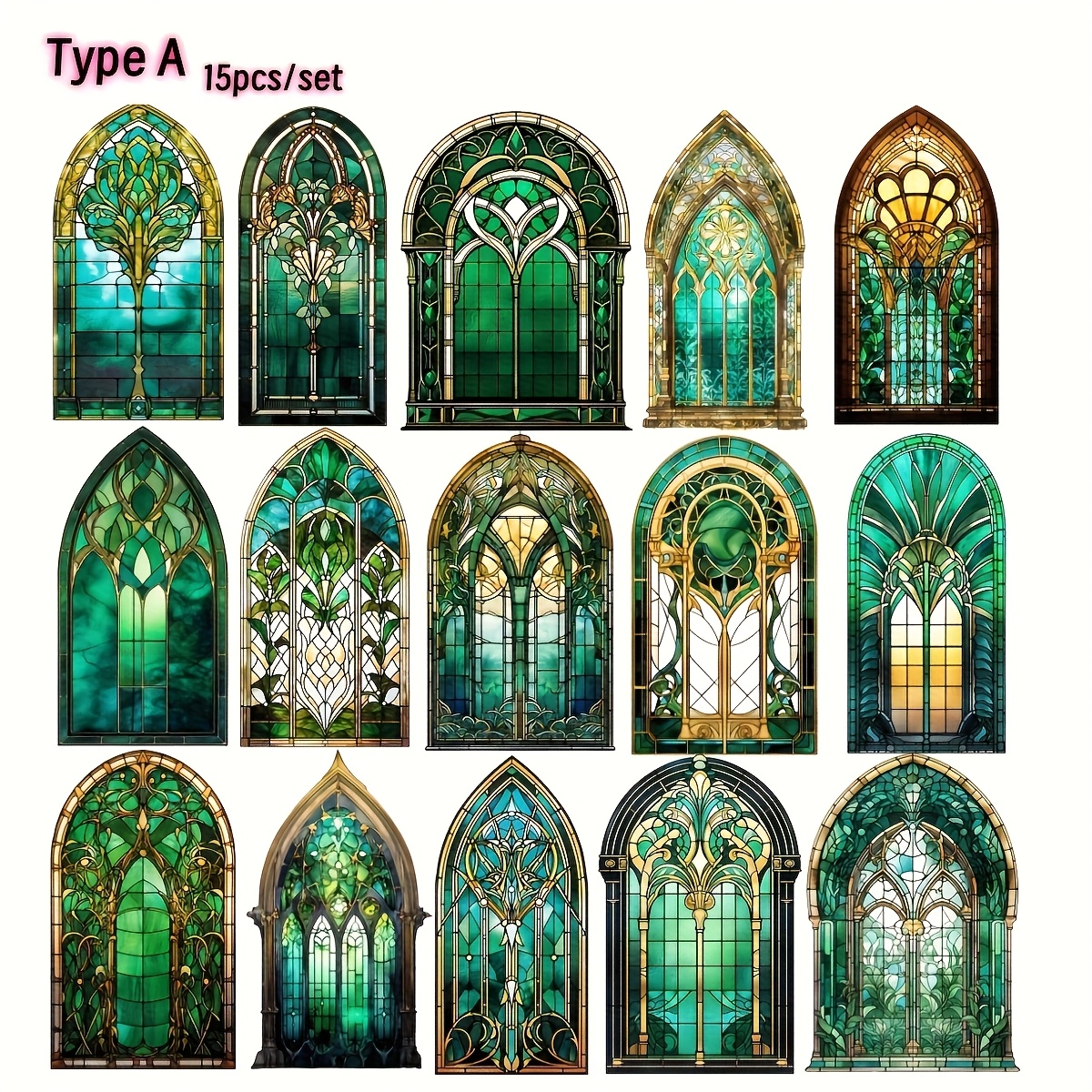 Image of 15pcs/set Handmade Creative Retro Irregular Enamel Dark Green Glass Flower Window Series Stickers Suitable For Garbage Diary Notebook Decoration Manual Account Cutting Book Stickers