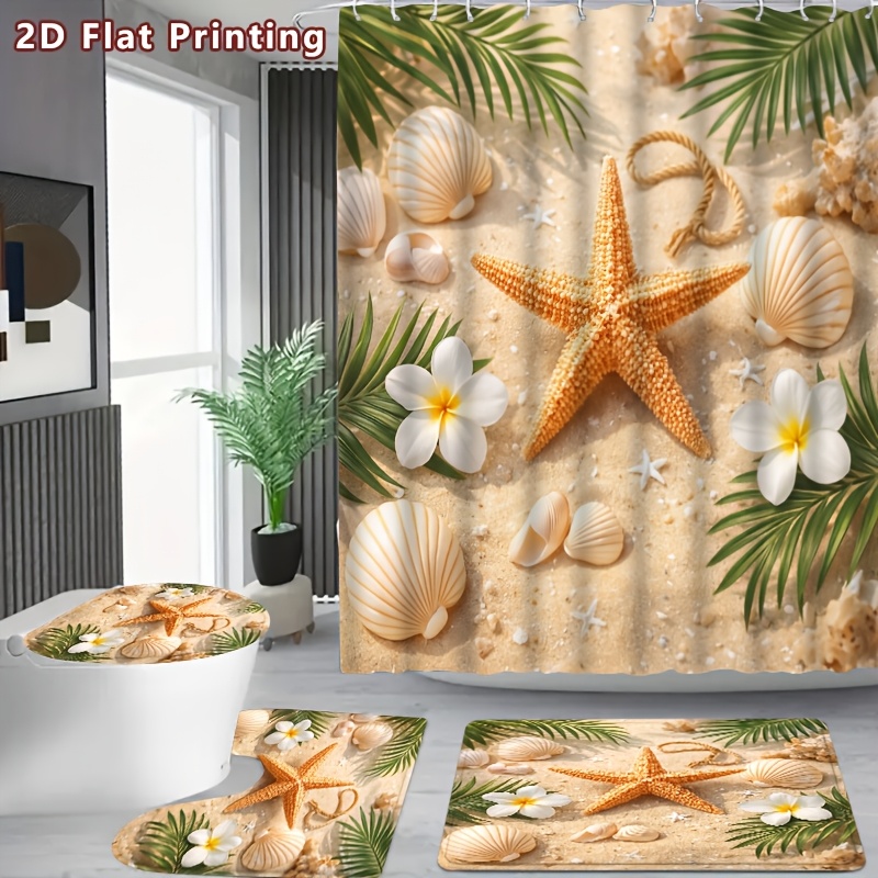 4pcs Summer Beach Shower Curtain Set with Bath Mat