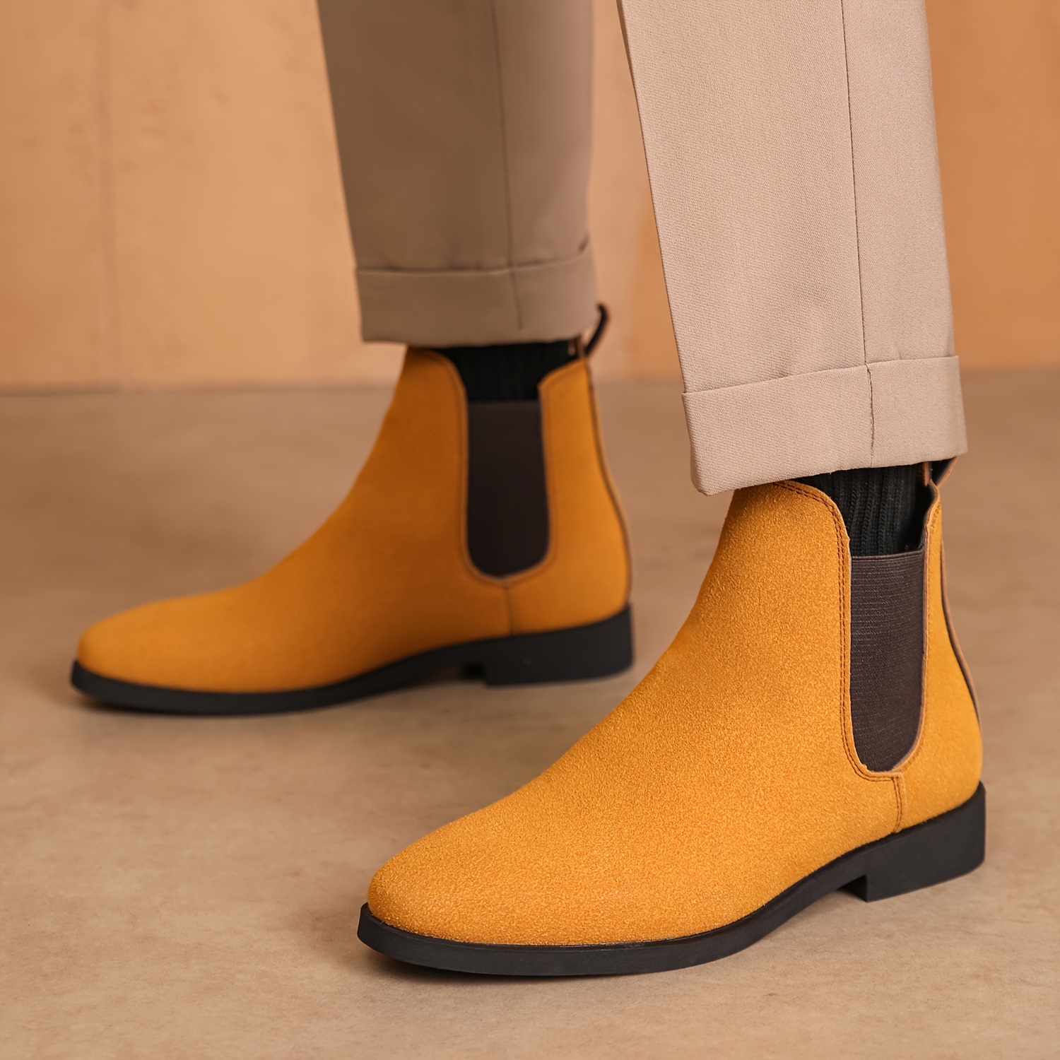 Men'S Classic Square Toe Chelsea Boots - All-Season Faux Ankle Dress Boots with Elastic Slip-On Closure, Solid Color, Rubber Sole, Fabric Lining for Daily & Business Wear