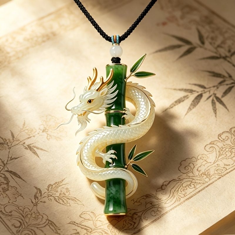TEMU Dragon And Bamboo Cultural Pendant Jewelry, New Chinese Style, Oriental Aesthetics, Metal Relief Craft, Single-sided Adjustable Cord, Luxurious