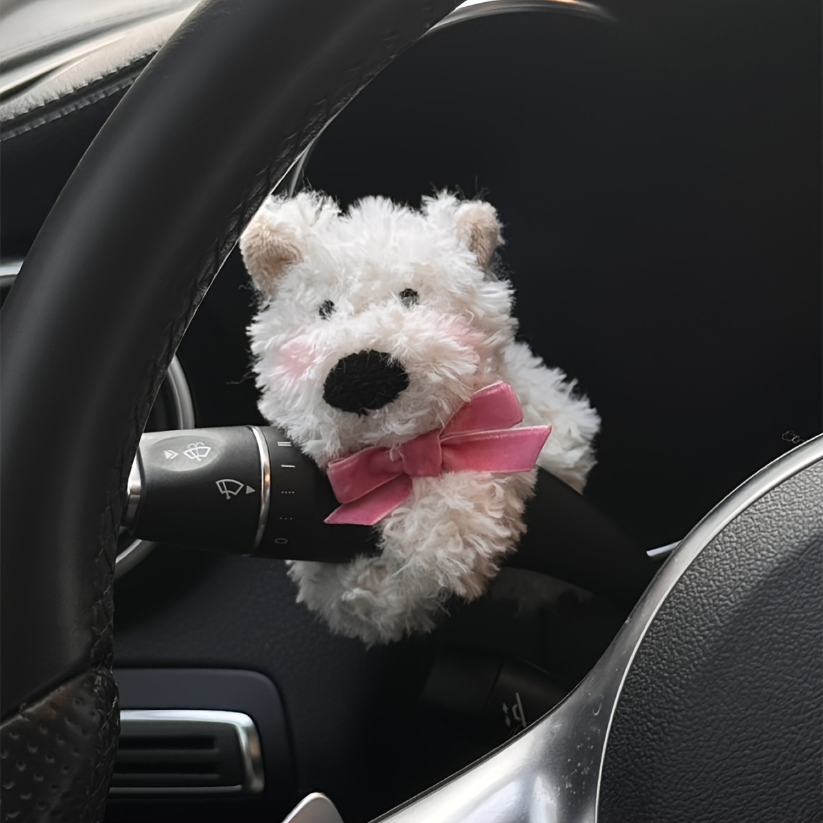 TEMU 1pc Cute Fabric Dog Car Dashboard Decoration Clip-on Plush Puppy Auto Interior Accessory For Turn Signal And Wiper Lever