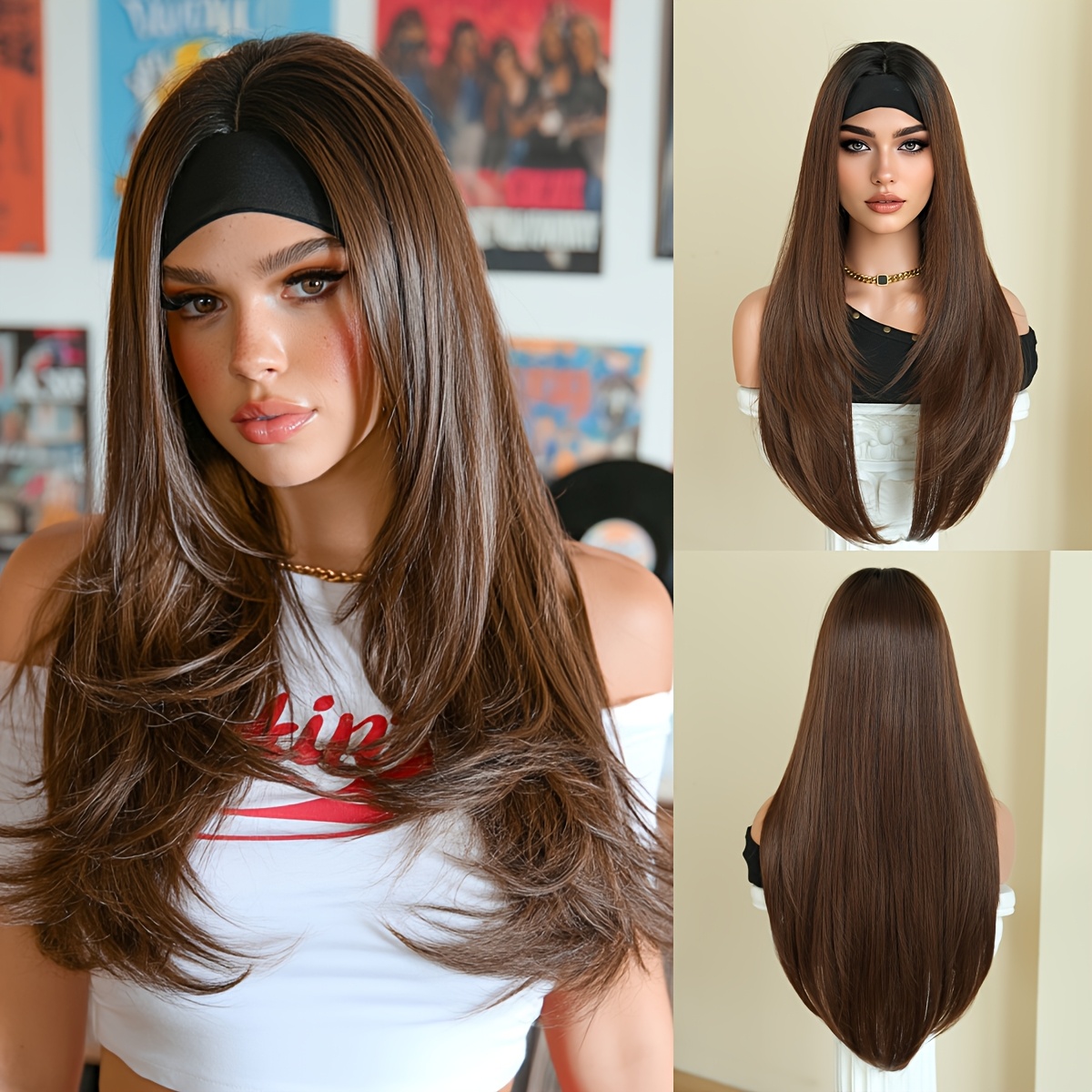 TEMU NAMM con Fascia per Capelli Lunga e Liscia Mocha Marrone per Donna Moda Parte Indossare e Parrucche Cioccolato Densit� Resistente al Calore con