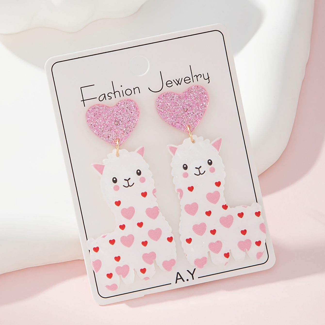 

1 Pair Valentine's Day Heart Dangle Earrings – Cute Acrylic Design With Pink Glitter Hearts, White & Pink Animal-themed Fashion Jewelry For Women, Gift For Family & Friends