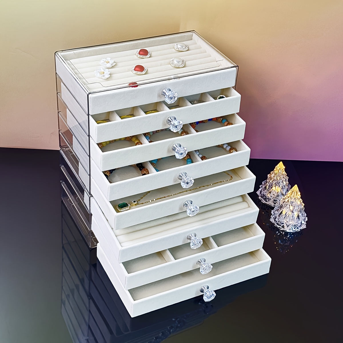 5 tier jewelry organizer box with transparent lids soft fabric lined compartments beige contemporary desktop storage for rings bracelets necklaces durable plastic multi use display case jewelry organizer storage polished   clear lid design jewelry boxes Product details 0