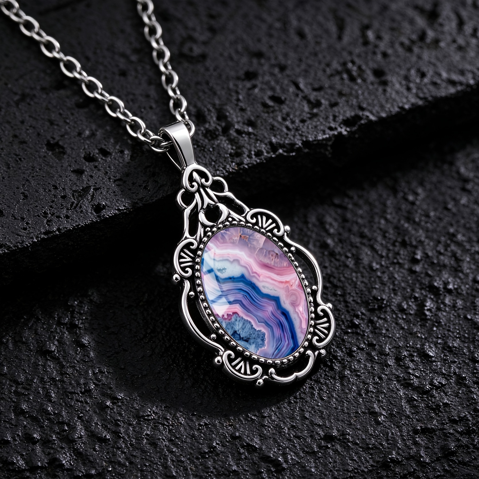 Pink-Purple Blue Agate Texture Oval Glass Pendant Necklace