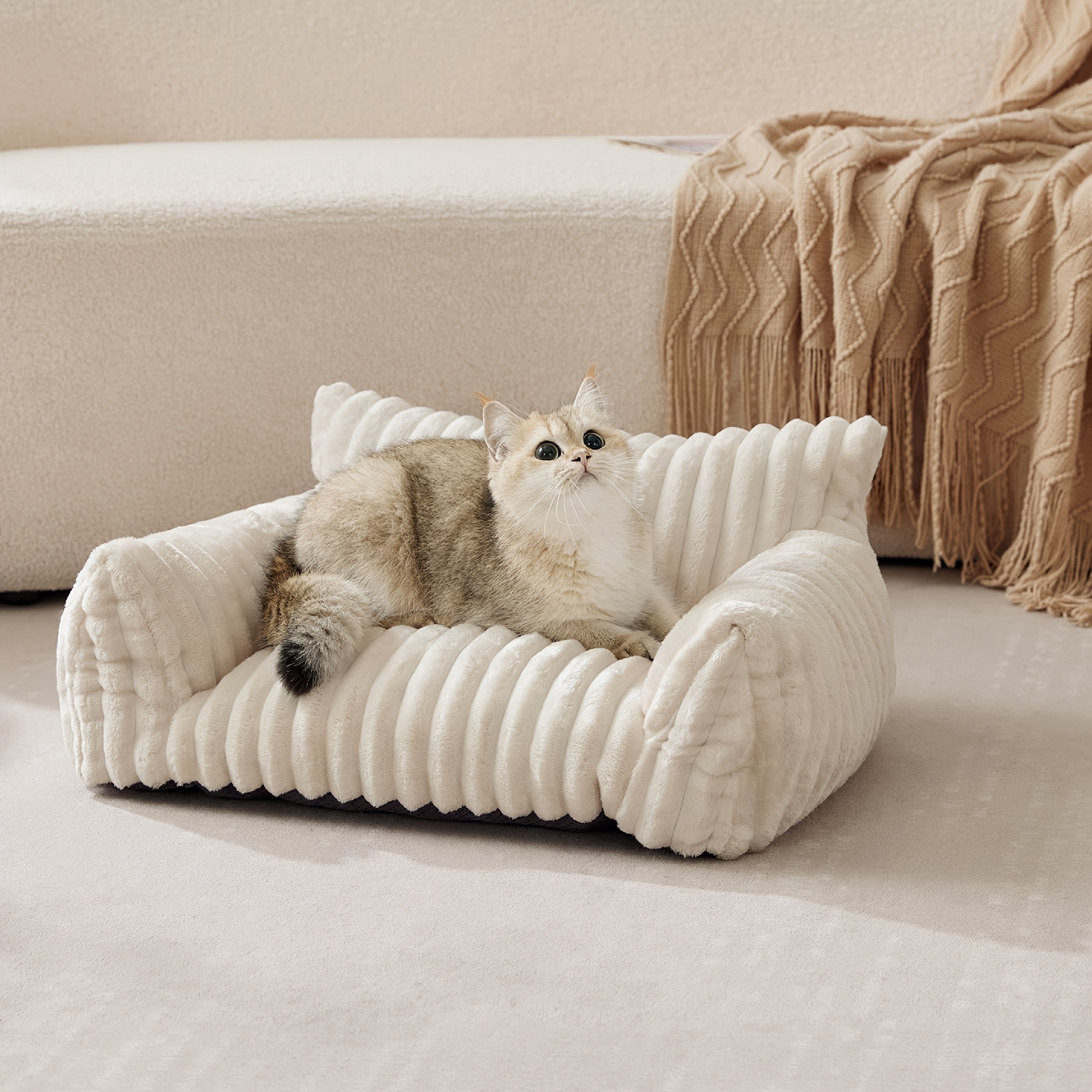 TEMU Christmas Gift Cute Cat Couch For Pets - Fluffy Cat Sofa With Corduroy Fleece, Fuzzy Cat Couch Bed With Removable Washable Cover, Supportive Cat Chair For Indoor Cats, 24in*18in*10in