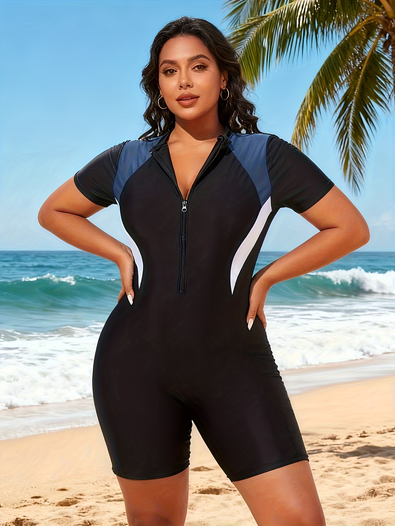 26 new summer beach casual   plus size color block short sleeve v neck zipper tummy control jumpsuit