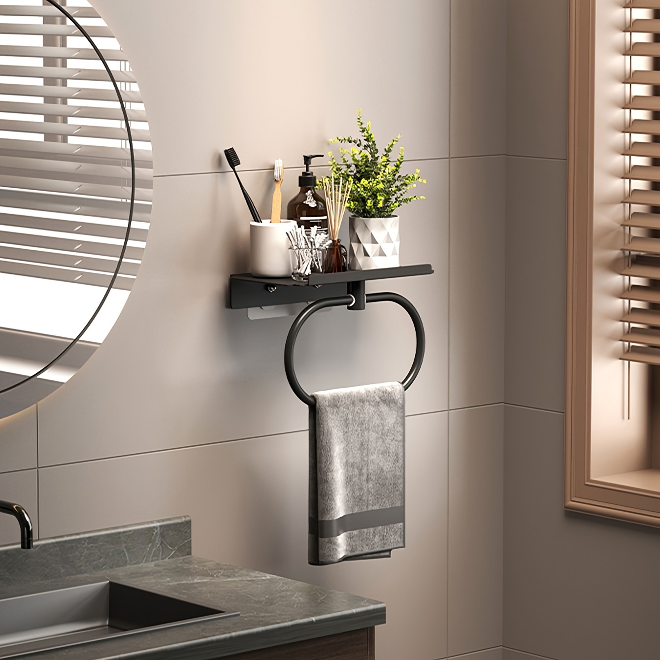 

Oval Towel Rack - Wall-mounted, Space-saving Bathroom Organizer With Towel Ring, Towel Holder For Bathroom