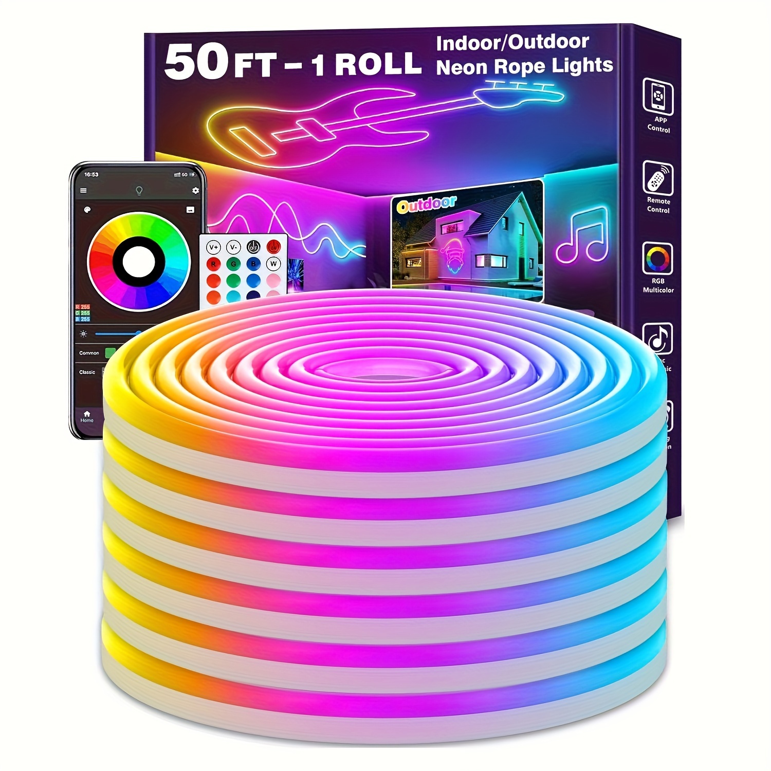 

50ft 15m Rgb , Led Strip App And 44key , , , Ip67 Led , Diy , Suitable For Decoration, Halloween, Christmas Decorative ,