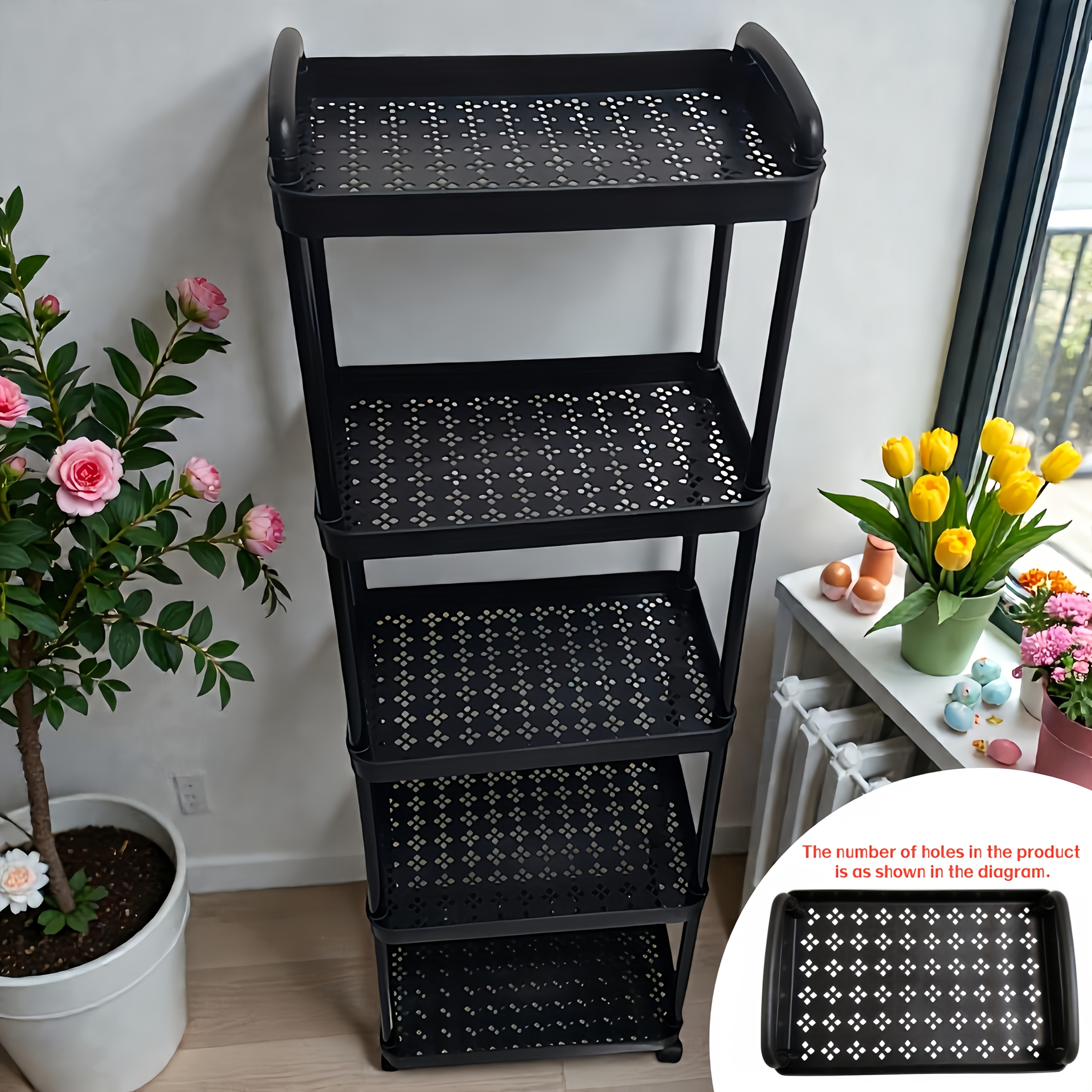 Stable 5-layer Wheeled Kitchen Cart Durable Plastic Mobile Storage Rack Easy Assembly Space- For Snacks Books Home Room Bedroom