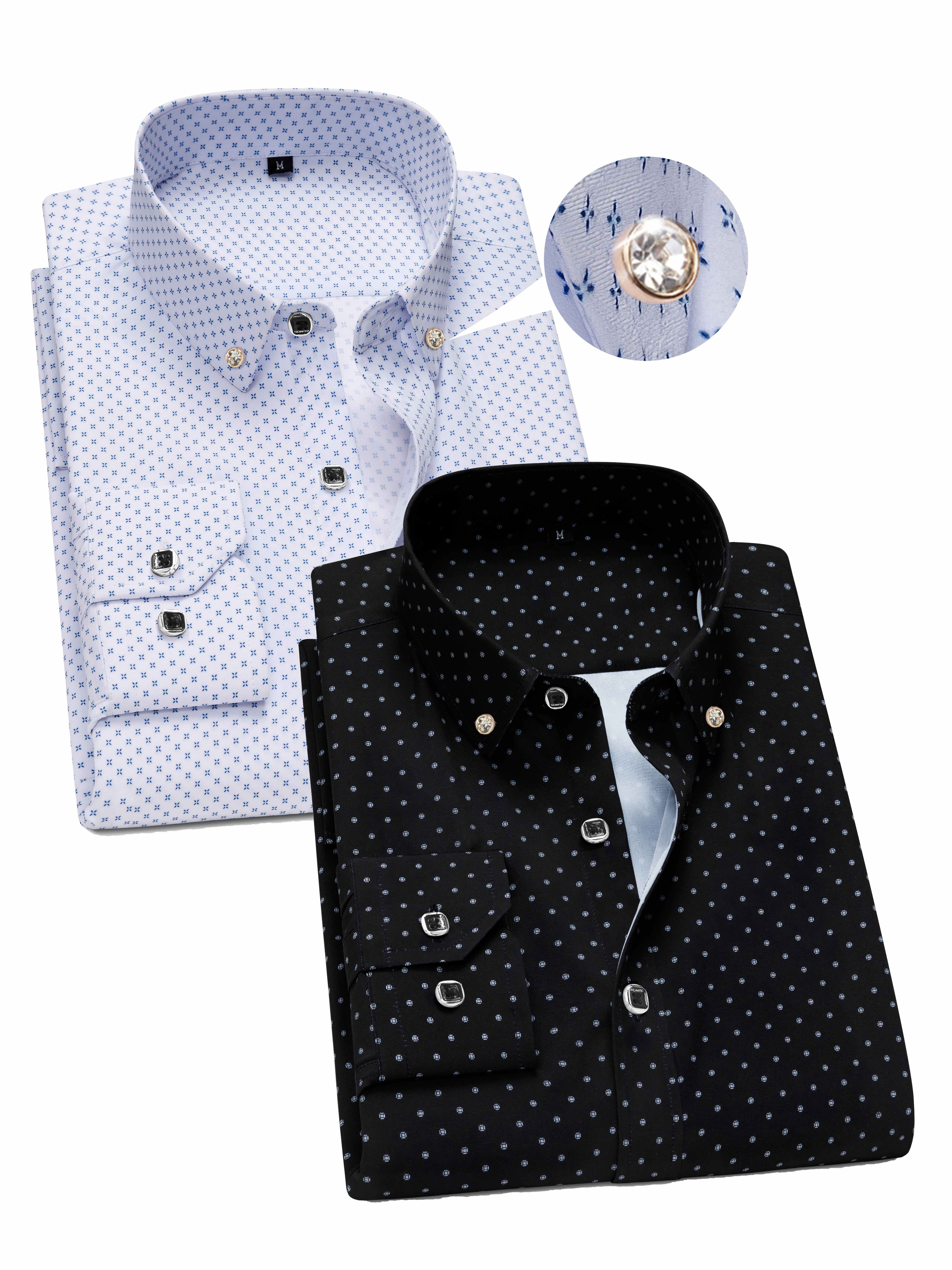 New Men'S Floral Long Sleeve Shirt with Diamond Buttons, Soft And Breathable, Business Professional Casual Formal Suit Shirt, Wedding Groomsman