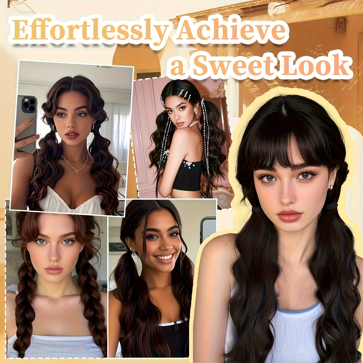 2pcs curly ponytail extension with elastic tie 17 inch resistant synthetic natural wavy hairpiece pony tail hair extensions wave   ponytail hairpieces for women daily wear   music festival brown details 3