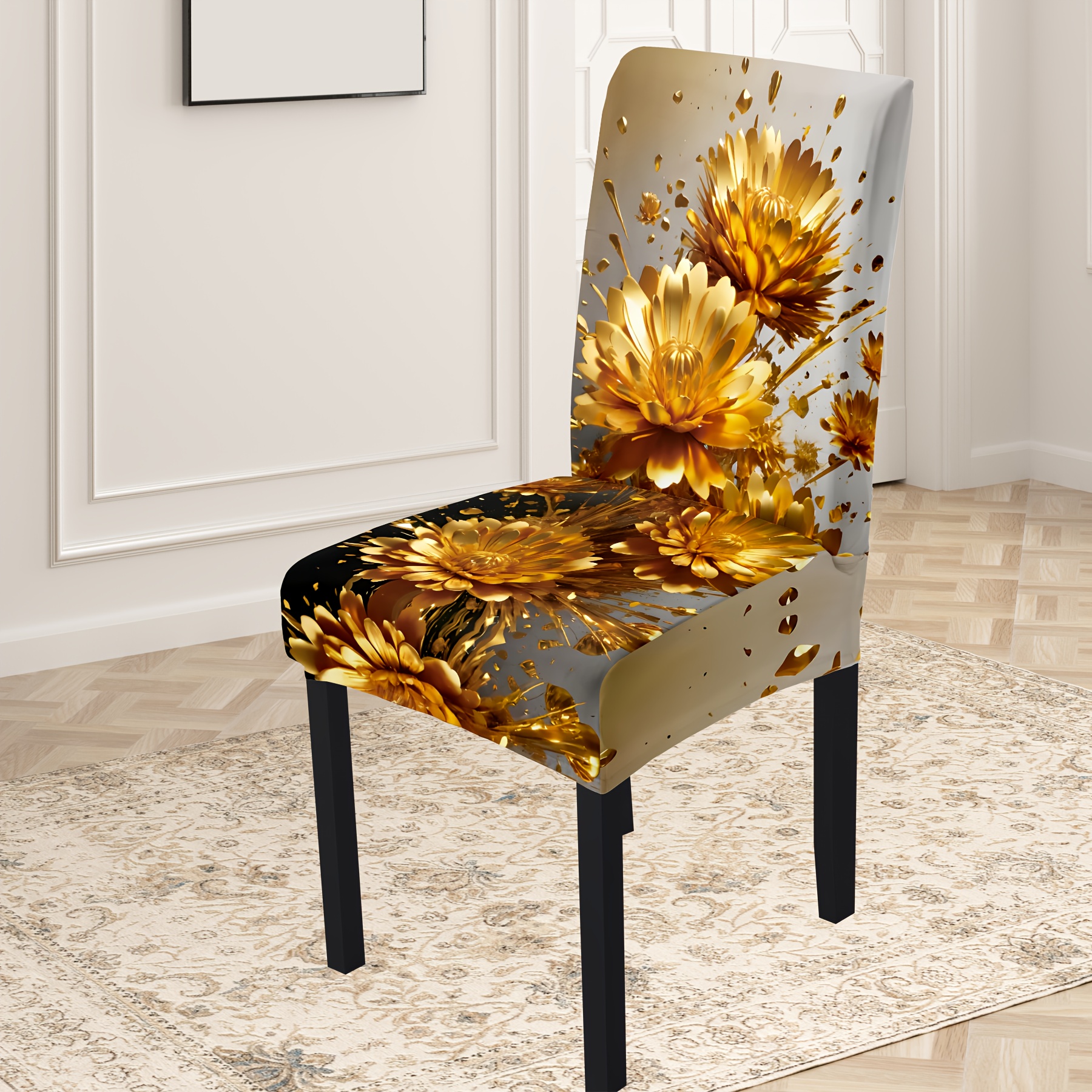 

Open; 4pcs/6pcs Golden For Lotus Modern Decorative Chair Cover, Fiber Fabric Fabric, Suitable For Indoor Home And Restaurant Decoration; Beautiful, Dust-proof And Dirt-resistant, Reused