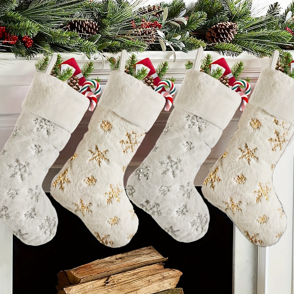 

Classic Style Christmas Stockings 4-pack, Faux Leather And Embellished Snowflake Design, Holiday Fireplace Hanging Decorations For Christmas And New Year Festivities