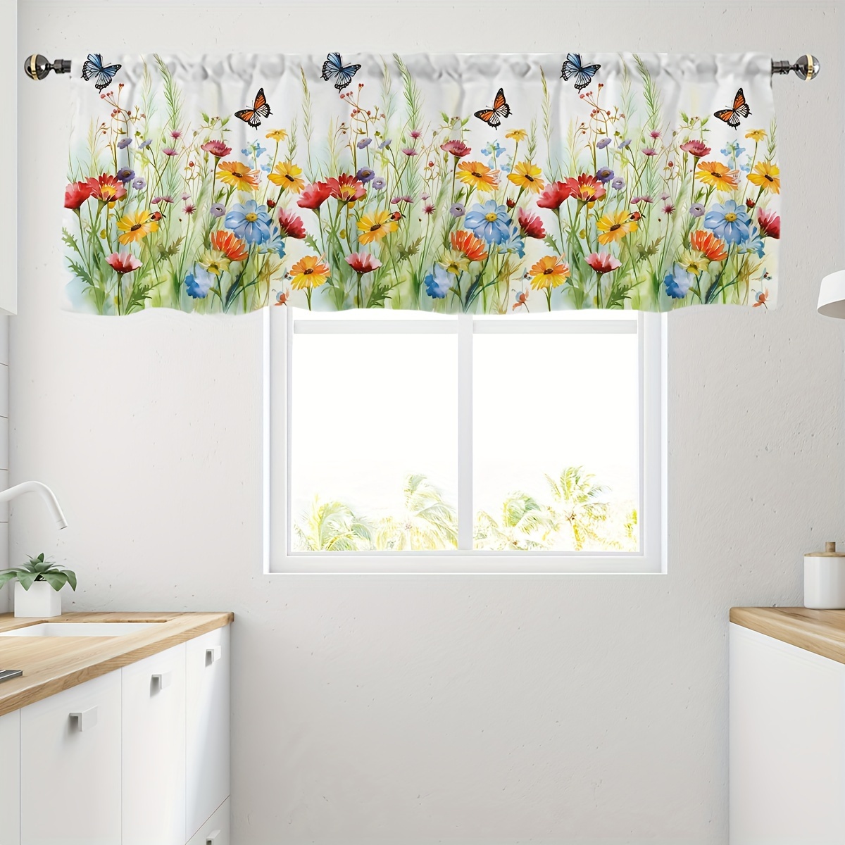 

1pc Classic Semi-sheer Valance With Colorful Floral & Butterfly Print - Polyester, Woven, Rod Pocket Hanging, , Hand Wash - Versatile Window Treatment For Kitchen, Living Room, Bedroom