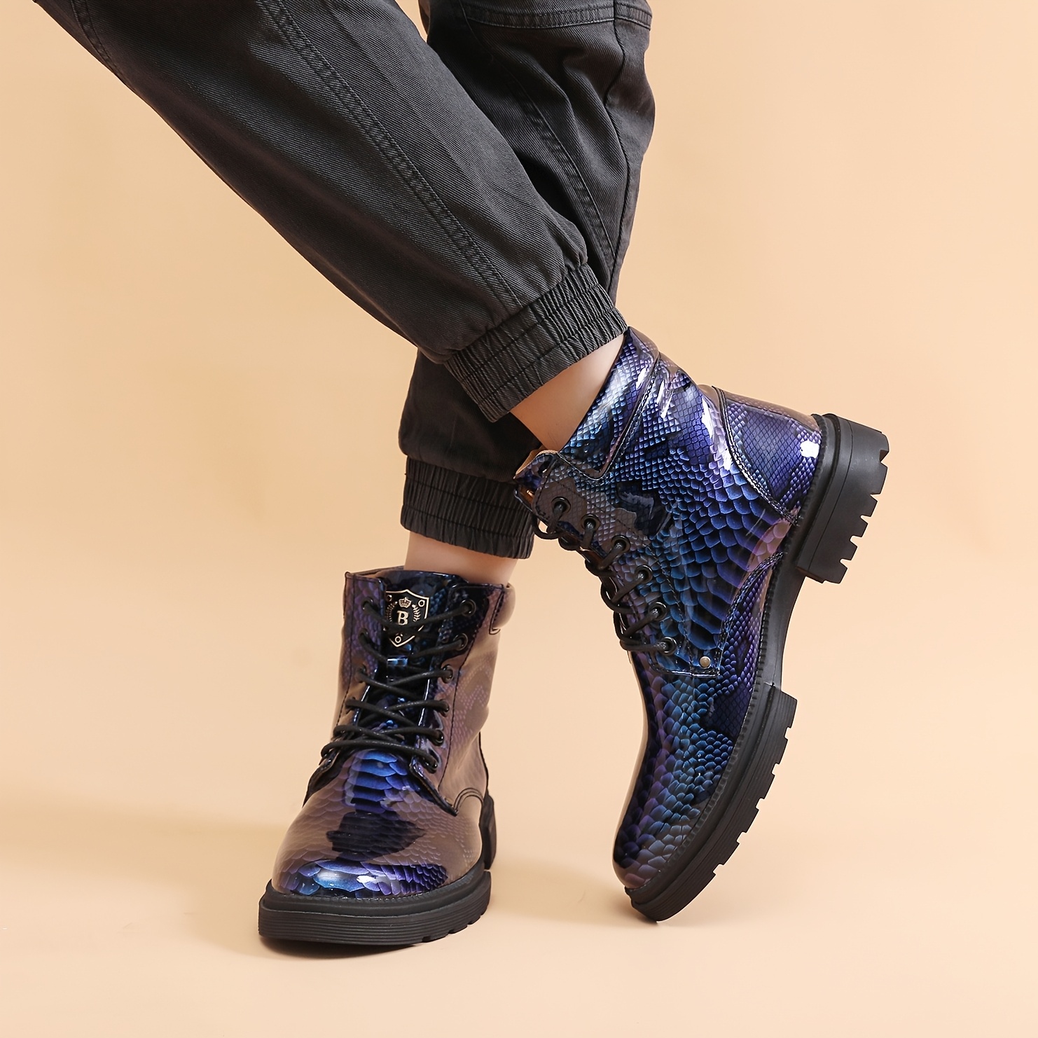 mens high boots iridescent blue crocodile - Temu display picture 1