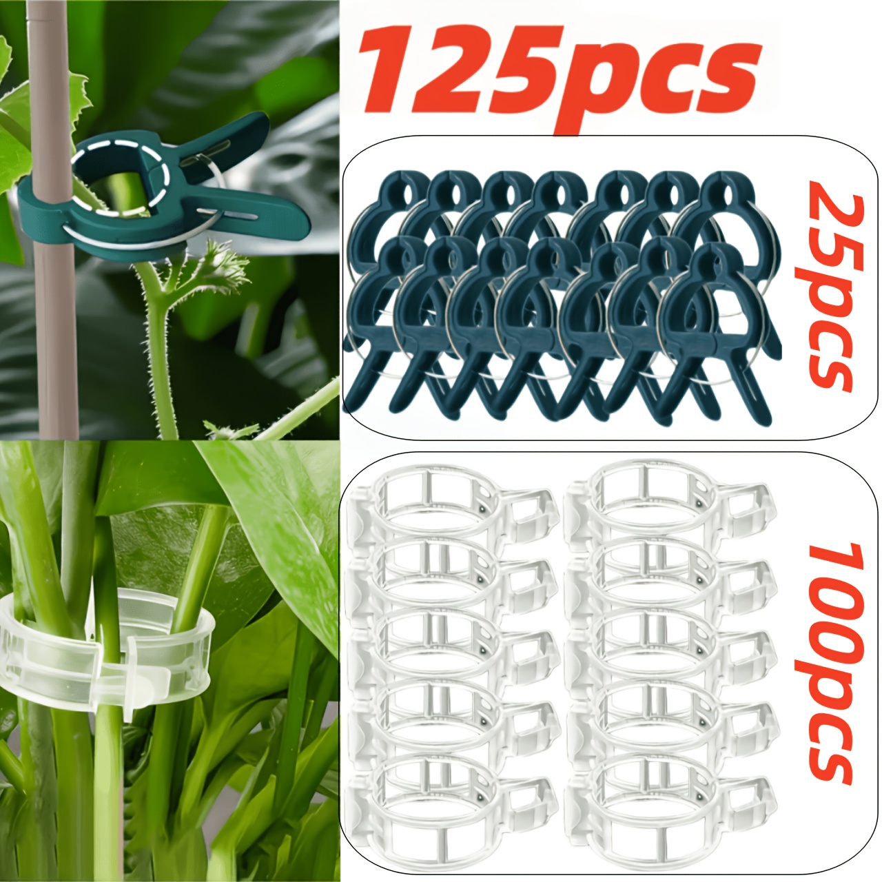TEMU Ensemble de 125 clips réutilisables et réglables pour plantes, avec 2 tailles de tiges réglables, robustes et durables, adaptés aux fleurs,