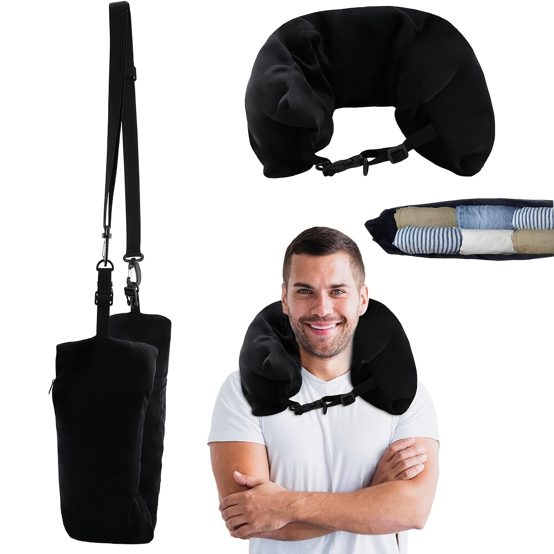 

Multifunctional Inflatable Neck Pillow With Storage Bag, Adjustable Size, Machine Washable Polyester Travel Cushion, With Clothes System, Zipper Closure, Grey & Black, For Airplane Travel