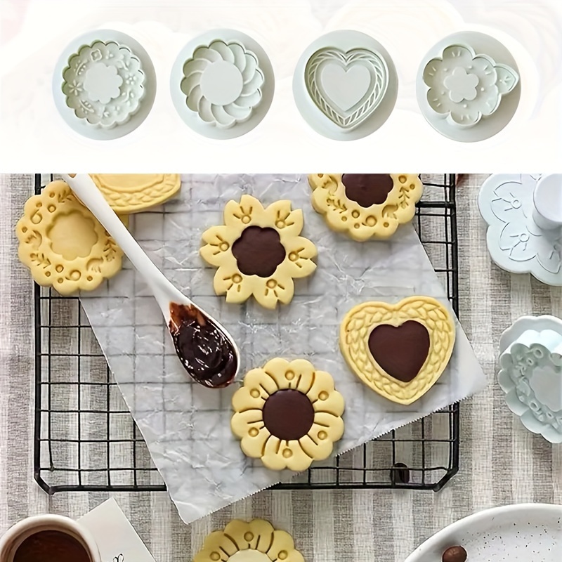 

4-piece Valentine's Day Heart Jam 3d Biscuit Stamps Set, Embossed Abs Cookie Molds For Baking